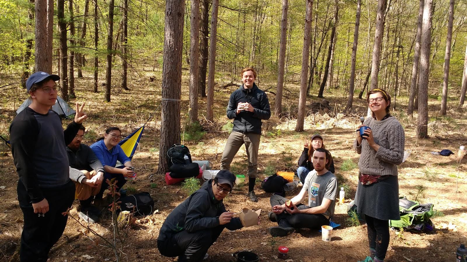 Morning photo of Summiteers camping in the woods. (Circa spring 2020, beginning of Covid)